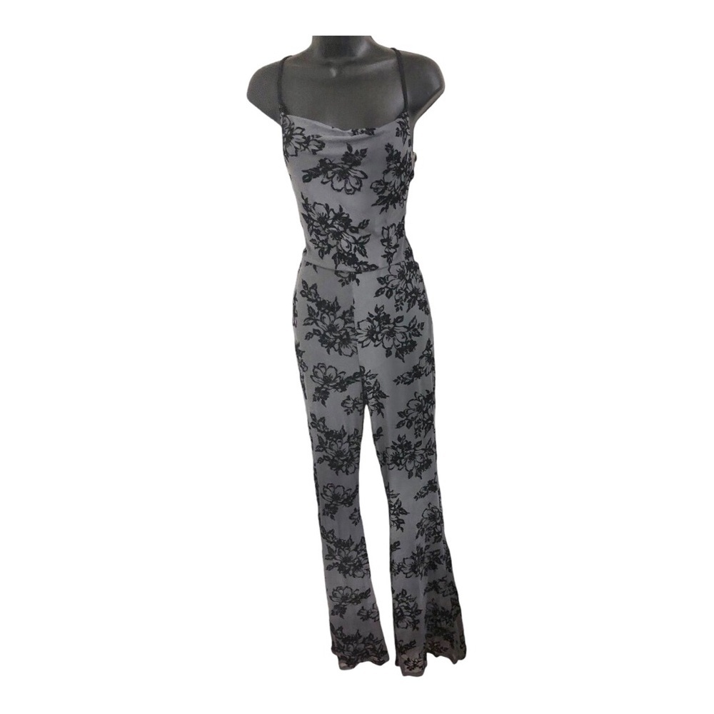 Gray black floral applique sheer flare leg open back goth look cowlneck jumpsuit
